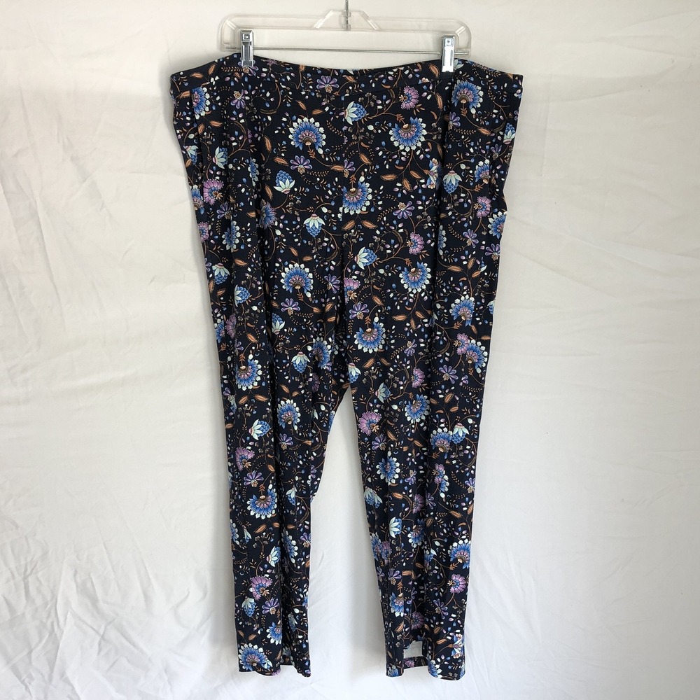 J Jill Wearever Pants Womens 3X Blue Floral Ankle Pull On Stretch Jersey Comfort